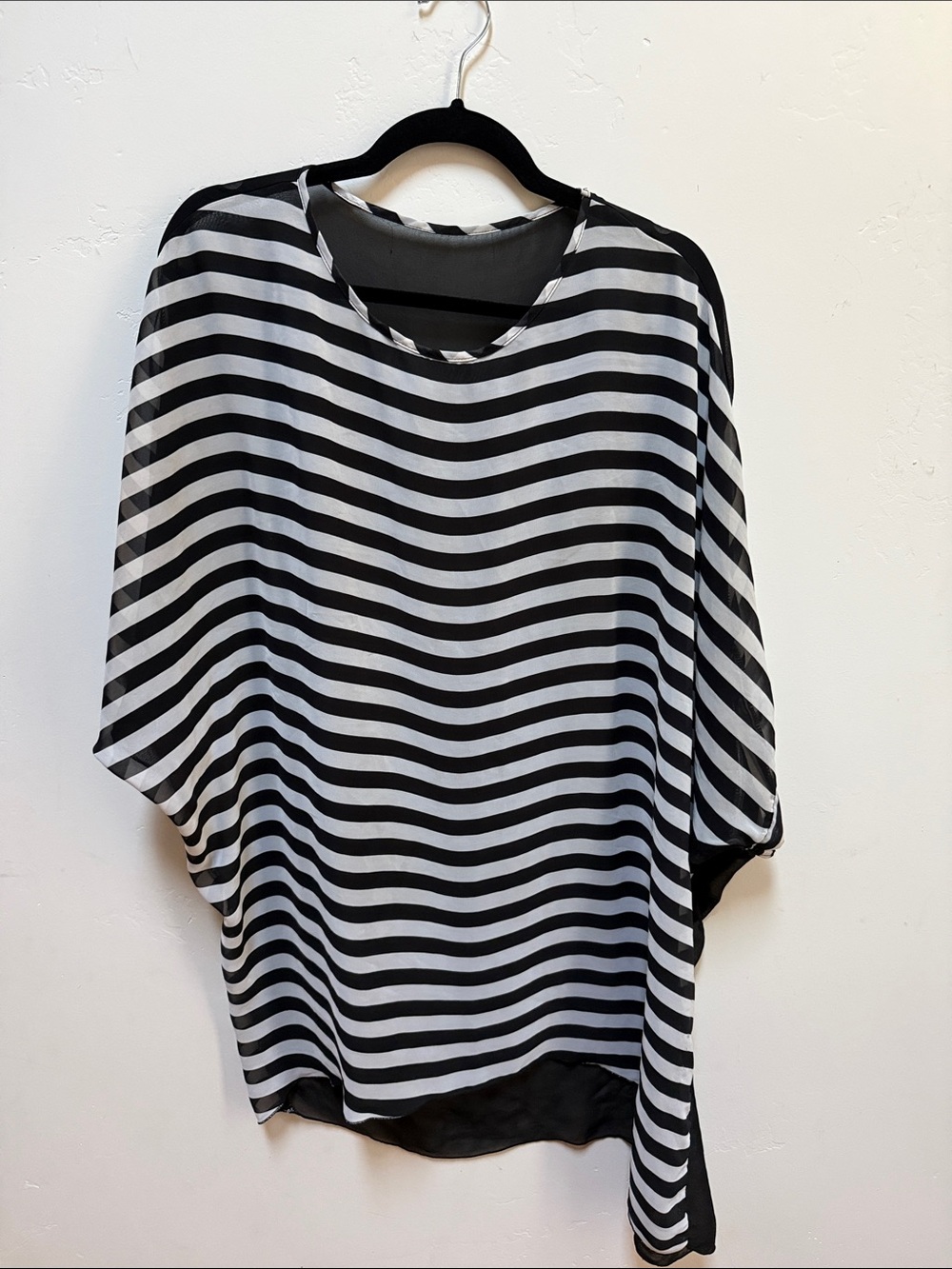 Black & White Sheer Asymmetrical Striped Women's Blouse
